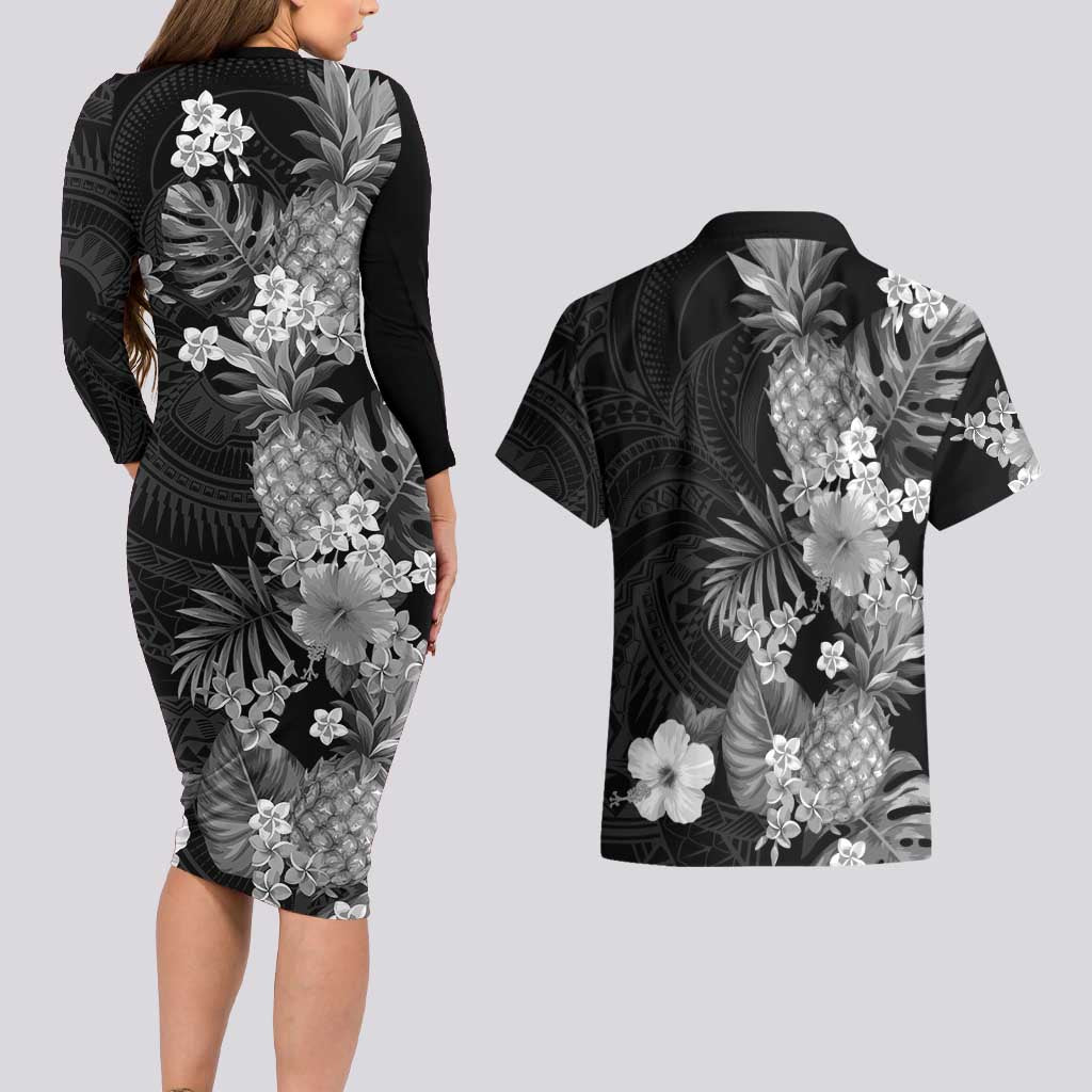 Hawaii Pineapple Tropical Couples Matching Long Sleeve Bodycon Dress and Hawaiian Shirt Neutral Hibiscus Plumeria LT01 - Polynesian Pride