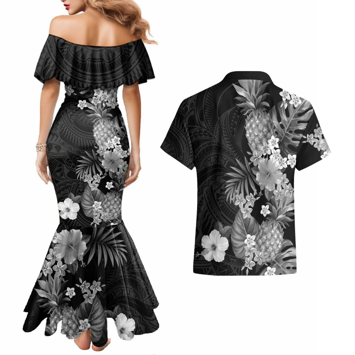 Hawaii Pineapple Tropical Couples Matching Mermaid Dress and Hawaiian Shirt Neutral Hibiscus Plumeria LT01 - Polynesian Pride