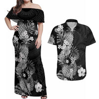 Hawaii Pineapple Tropical Couples Matching Off Shoulder Maxi Dress and Hawaiian Shirt Neutral Hibiscus Plumeria LT01 Black - Polynesian Pride