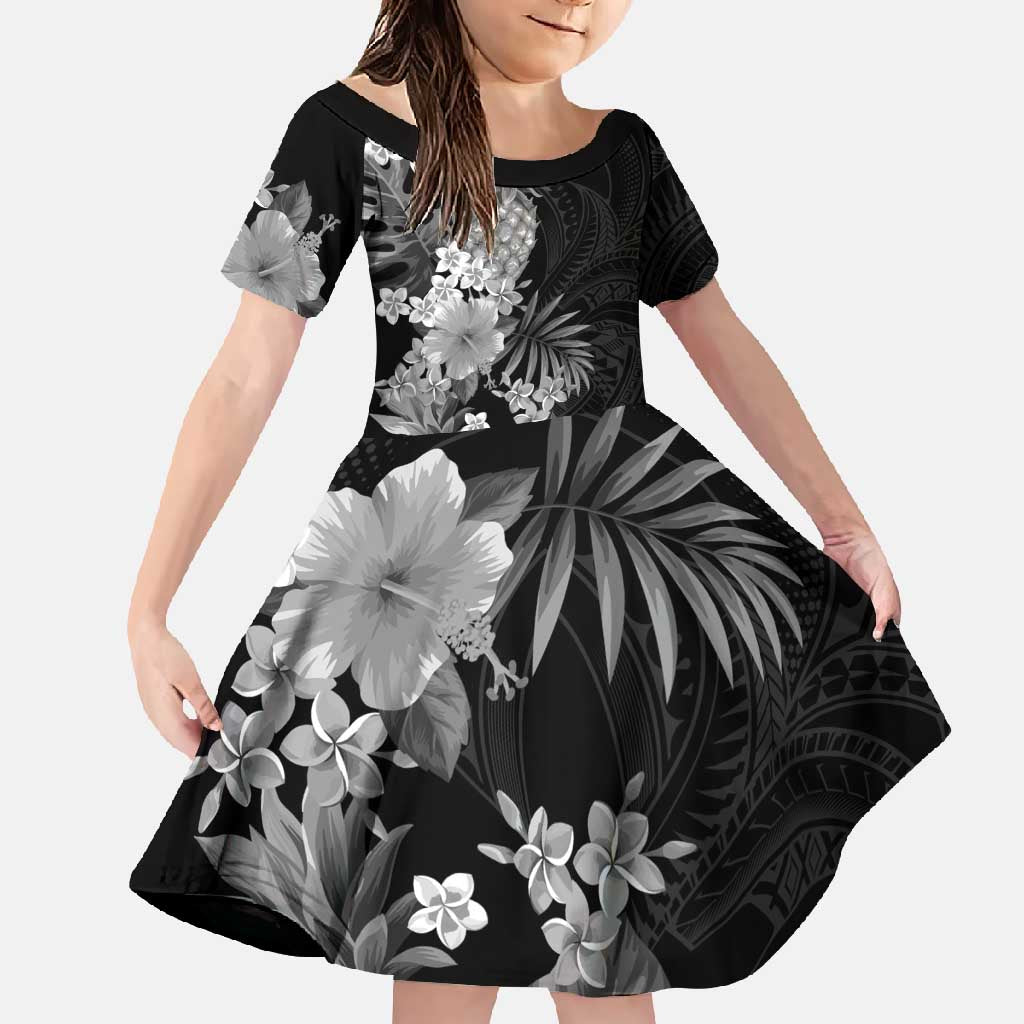 Hawaii Pineapple Tropical Family Matching Mermaid Dress and Hawaiian Shirt Neutral Hibiscus Plumeria LT01 Daughter's Dress Black - Polynesian Pride