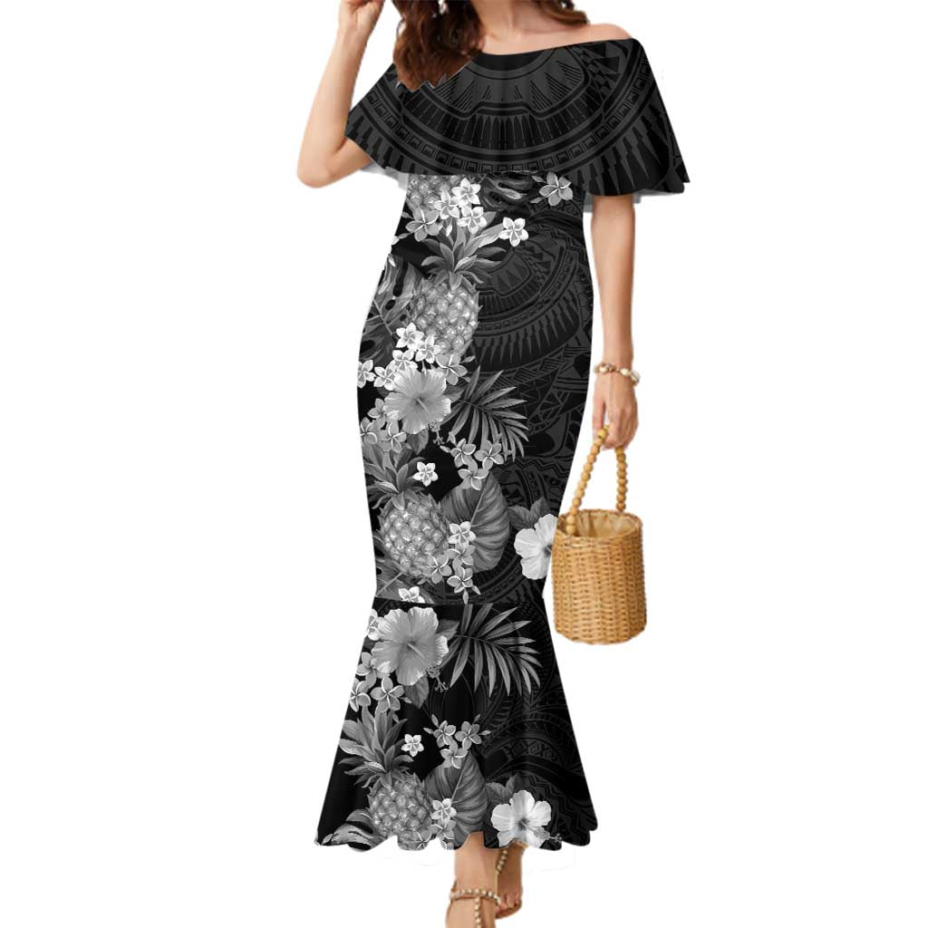 Hawaii Pineapple Tropical Family Matching Mermaid Dress and Hawaiian Shirt Neutral Hibiscus Plumeria LT01 Mom's Dress Black - Polynesian Pride