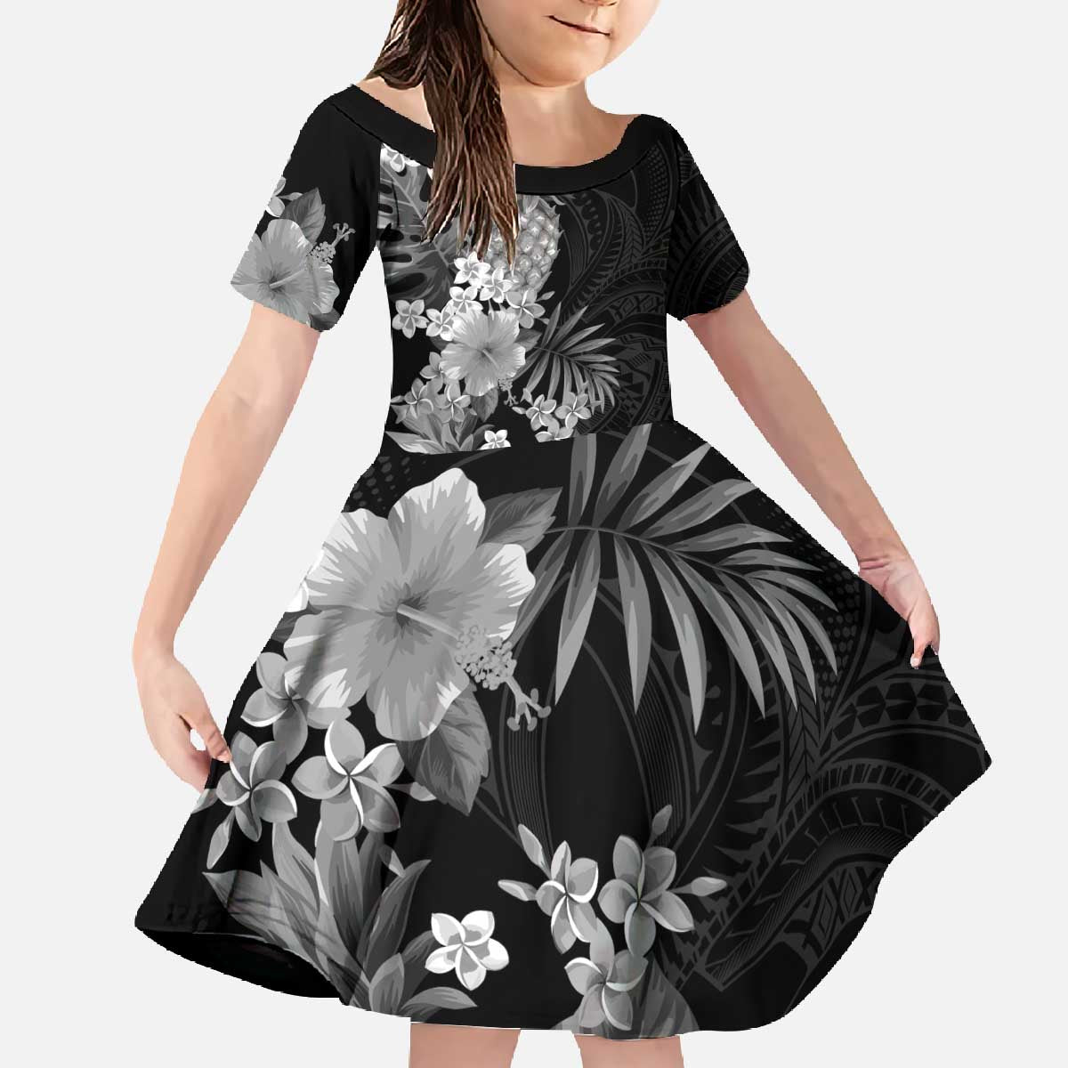Hawaii Pineapple Tropical Family Matching Off The Shoulder Long Sleeve Dress and Hawaiian Shirt Neutral Hibiscus Plumeria LT01 Daughter's Dress Black - Polynesian Pride