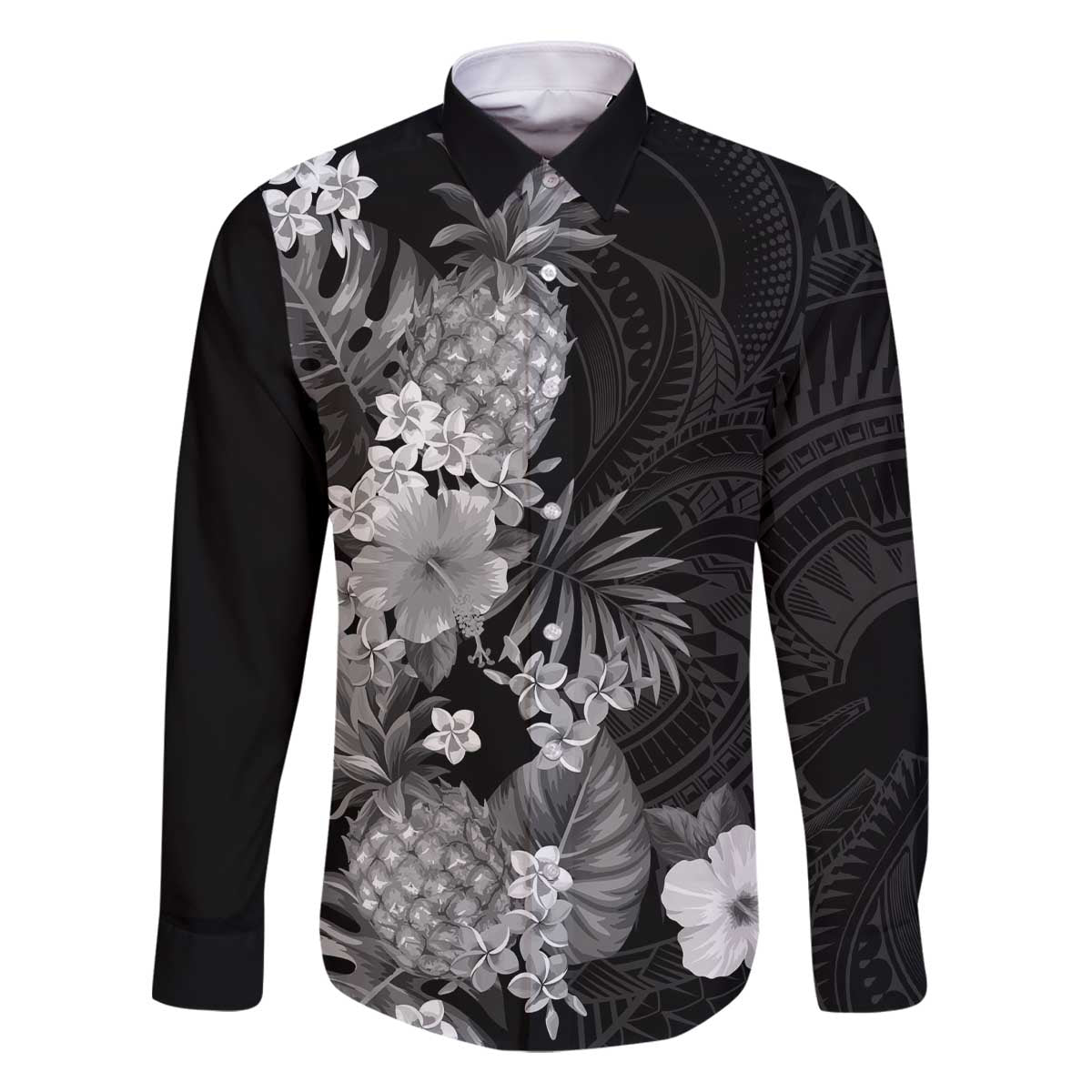 Hawaii Pineapple Tropical Family Matching Off The Shoulder Long Sleeve Dress and Hawaiian Shirt Neutral Hibiscus Plumeria LT01 Dad's Shirt - Long Sleeve Black - Polynesian Pride