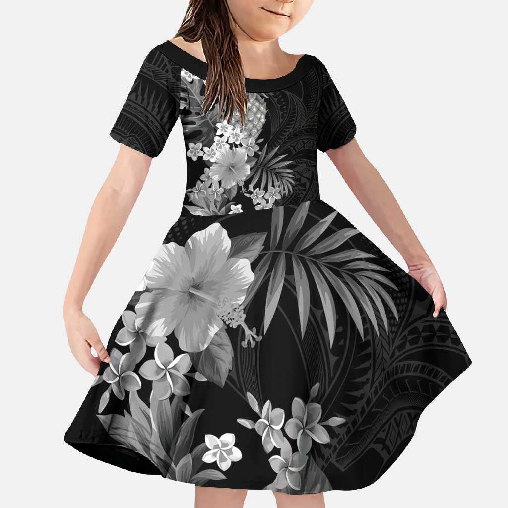 Hawaii Pineapple Tropical Family Matching Off Shoulder Maxi Dress and Hawaiian Shirt Neutral Hibiscus Plumeria LT01 Daughter's Dress Black - Polynesian Pride