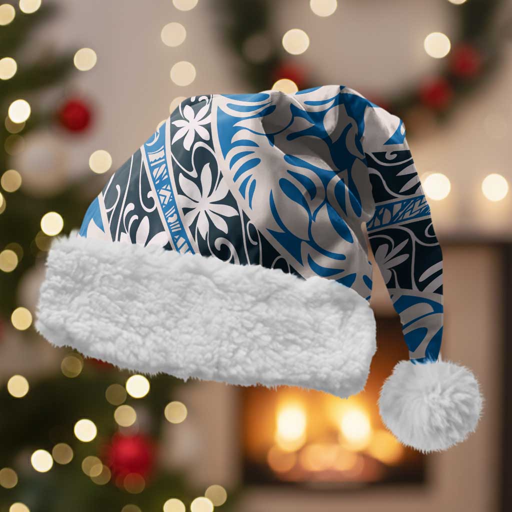 Ninamu Tahiti Tiare Monstera Christmas Santa Hat Polynesian Pattern Curve Style LT01 With Fur Blue - Polynesian Pride