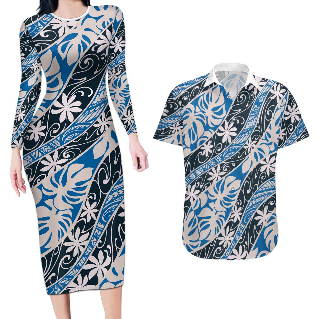 Ninamu Tahiti Tiare Monstera Couples Matching Long Sleeve Bodycon Dress and Hawaiian Shirt Polynesian Pattern Curve Style LT01 Blue - Polynesian Pride