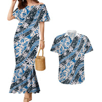 Ninamu Tahiti Tiare Monstera Couples Matching Mermaid Dress and Hawaiian Shirt Polynesian Pattern Curve Style LT01 Blue - Polynesian Pride