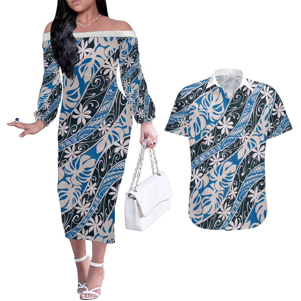 Ninamu Tahiti Tiare Monstera Couples Matching Off The Shoulder Long Sleeve Dress and Hawaiian Shirt Polynesian Pattern Curve Style LT01 Blue - Polynesian Pride