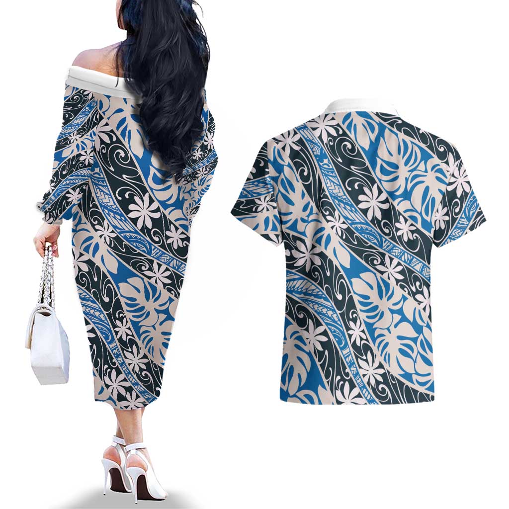 Ninamu Tahiti Tiare Monstera Couples Matching Off The Shoulder Long Sleeve Dress and Hawaiian Shirt Polynesian Pattern Curve Style LT01 - Polynesian Pride