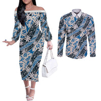 Ninamu Tahiti Tiare Monstera Couples Matching Off The Shoulder Long Sleeve Dress and Long Sleeve Button Shirt Polynesian Pattern Curve Style LT01 Blue - Polynesian Pride