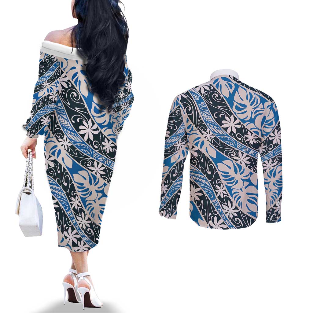 Ninamu Tahiti Tiare Monstera Couples Matching Off The Shoulder Long Sleeve Dress and Long Sleeve Button Shirt Polynesian Pattern Curve Style LT01 - Polynesian Pride