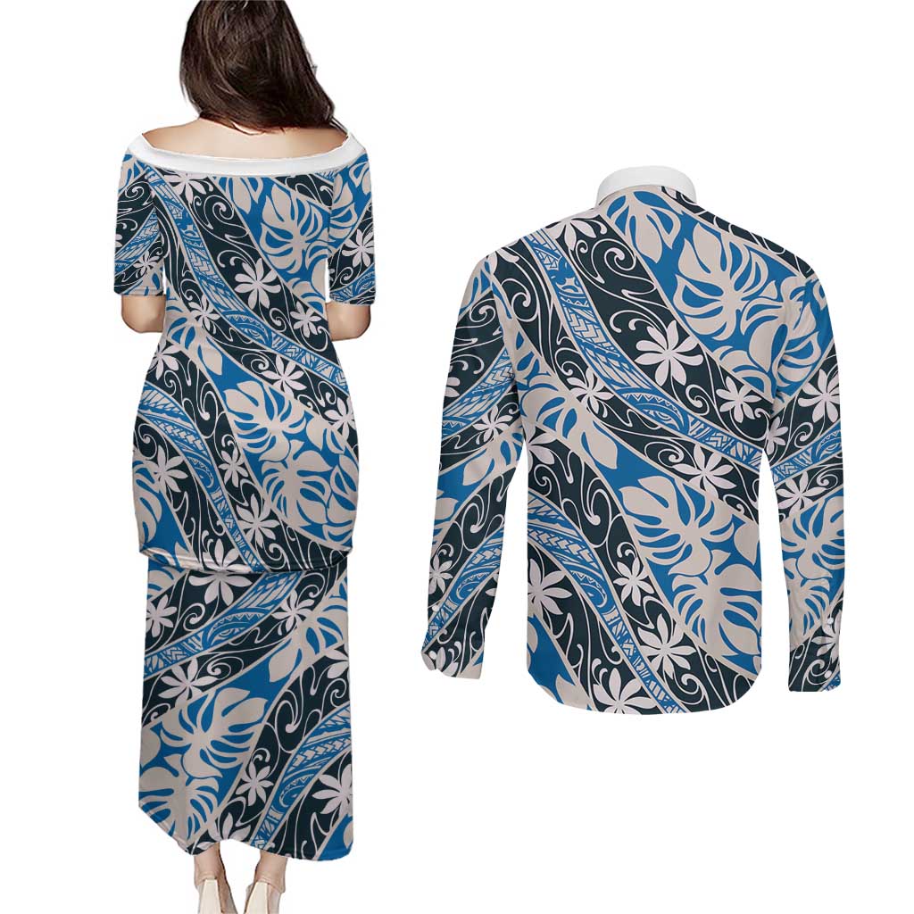 Ninamu Tahiti Tiare Monstera Couples Matching Puletasi and Long Sleeve Button Shirt Polynesian Pattern Curve Style - Polynesian Pride