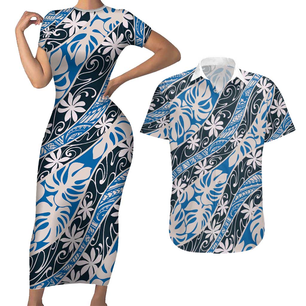 Ninamu Tahiti Tiare Monstera Couples Matching Short Sleeve Bodycon Dress and Hawaiian Shirt Polynesian Pattern Curve Style - Polynesian Pride