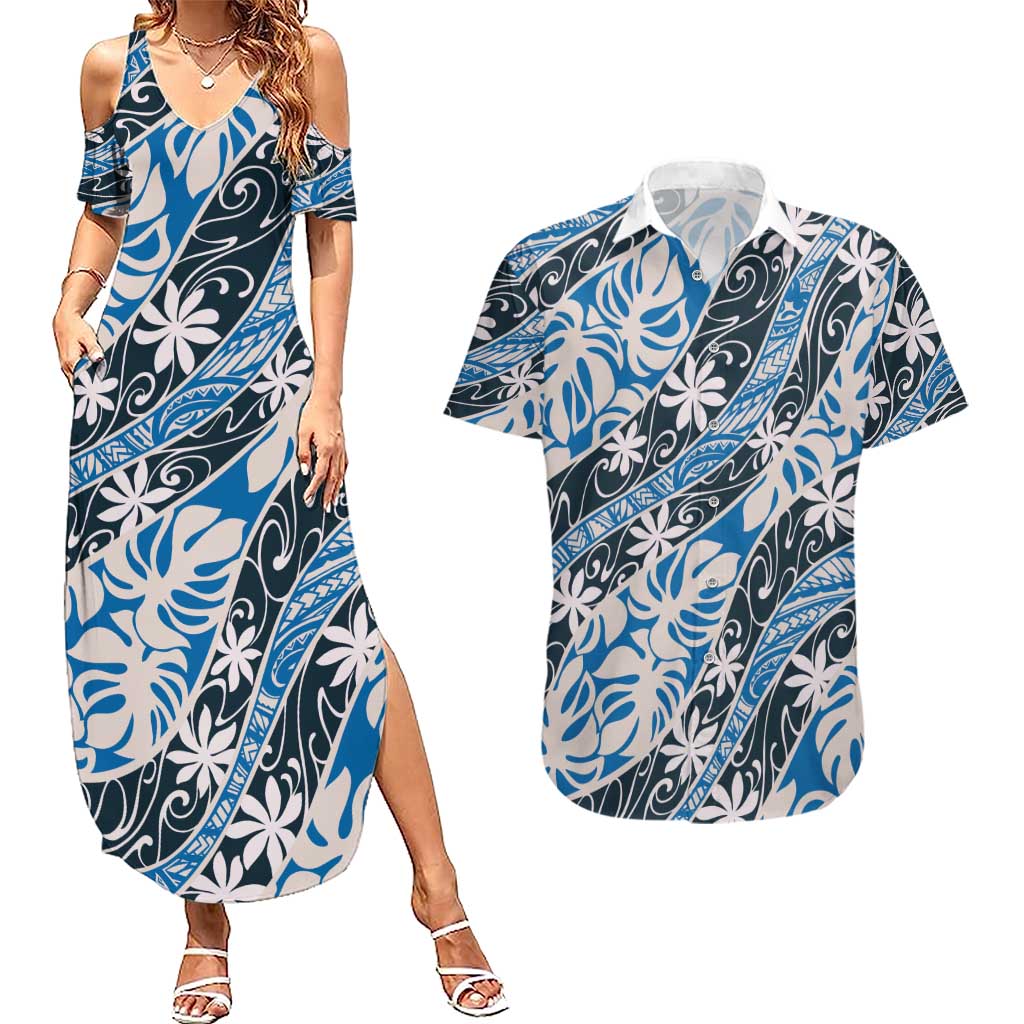 Ninamu Tahiti Tiare Monstera Couples Matching Summer Maxi Dress and Hawaiian Shirt Polynesian Pattern Curve Style - Polynesian Pride