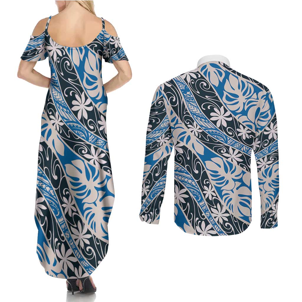 Ninamu Tahiti Tiare Monstera Couples Matching Summer Maxi Dress and Long Sleeve Button Shirt Polynesian Pattern Curve Style LT01 - Polynesian Pride