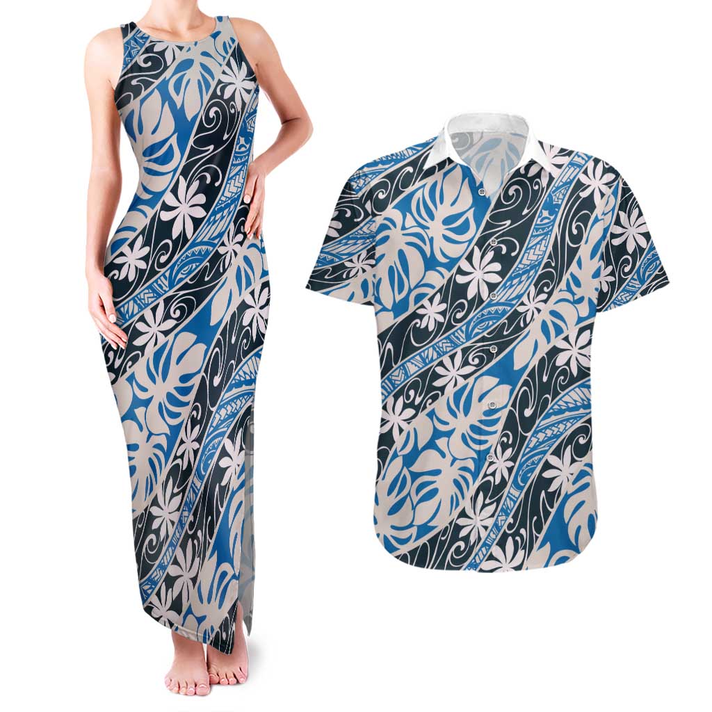 Ninamu Tahiti Tiare Monstera Couples Matching Tank Maxi Dress and Hawaiian Shirt Polynesian Pattern Curve Style LT01 Blue - Polynesian Pride
