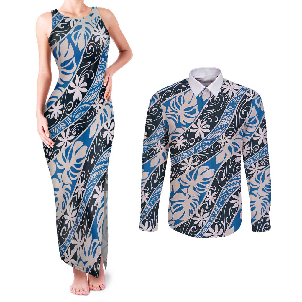 Ninamu Tahiti Tiare Monstera Couples Matching Tank Maxi Dress and Long Sleeve Button Shirt Polynesian Pattern Curve Style - Polynesian Pride
