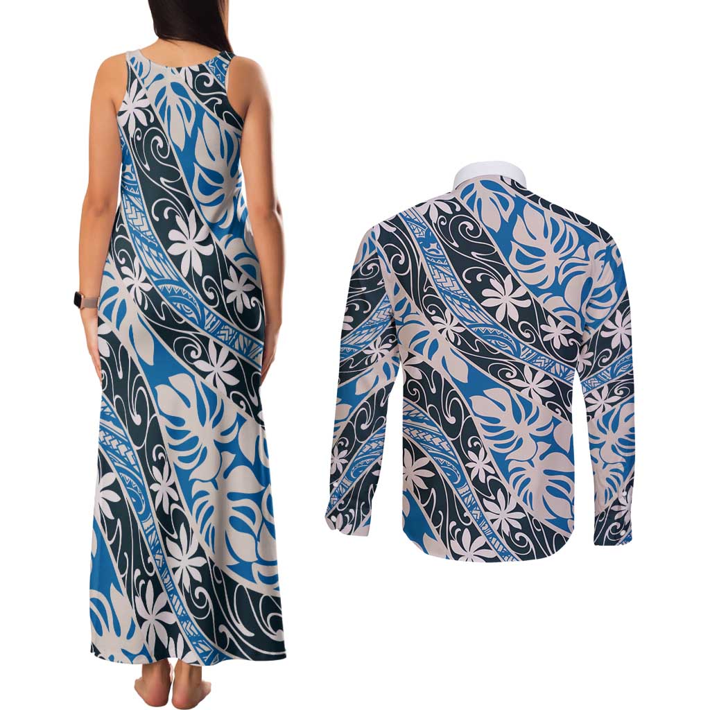 Ninamu Tahiti Tiare Monstera Couples Matching Tank Maxi Dress and Long Sleeve Button Shirt Polynesian Pattern Curve Style - Polynesian Pride
