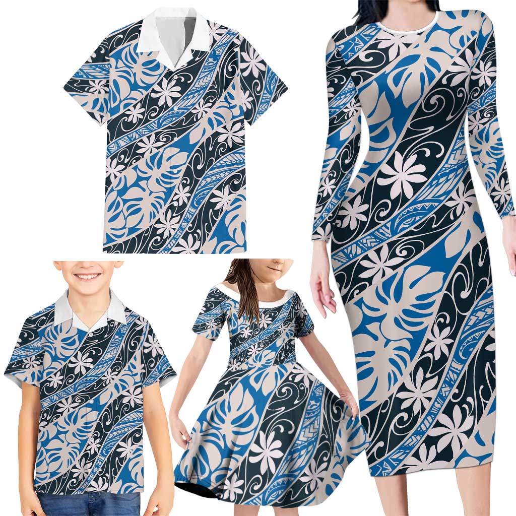 Ninamu Tahiti Tiare Monstera Family Matching Long Sleeve Bodycon Dress and Hawaiian Shirt Polynesian Pattern Curve Style LT01 - Polynesian Pride