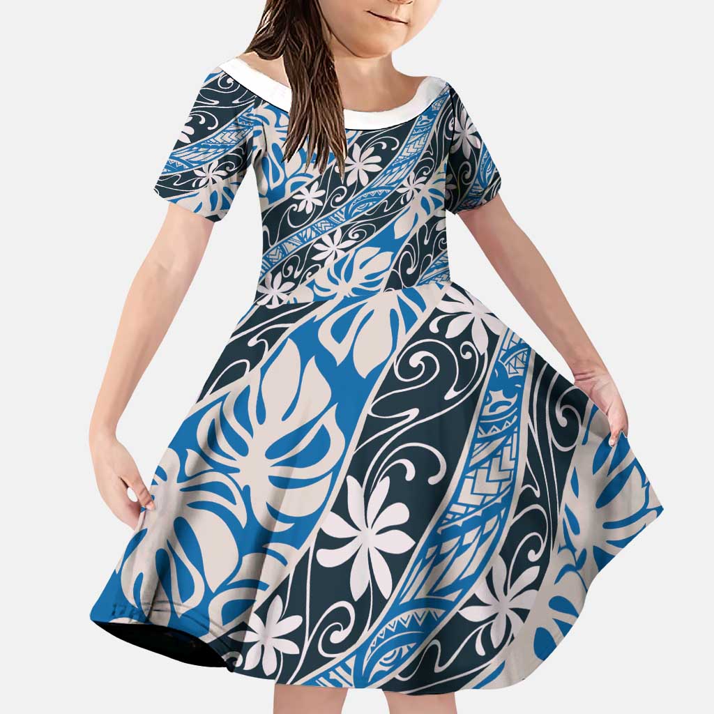 Ninamu Tahiti Tiare Monstera Family Matching Off Shoulder Maxi Dress and Hawaiian Shirt Polynesian Pattern Curve Style LT01 Daughter's Dress Blue - Polynesian Pride