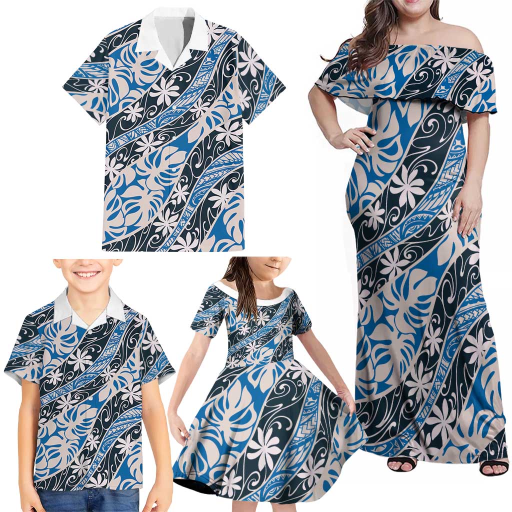 Ninamu Tahiti Tiare Monstera Family Matching Off Shoulder Maxi Dress and Hawaiian Shirt Polynesian Pattern Curve Style LT01 - Polynesian Pride