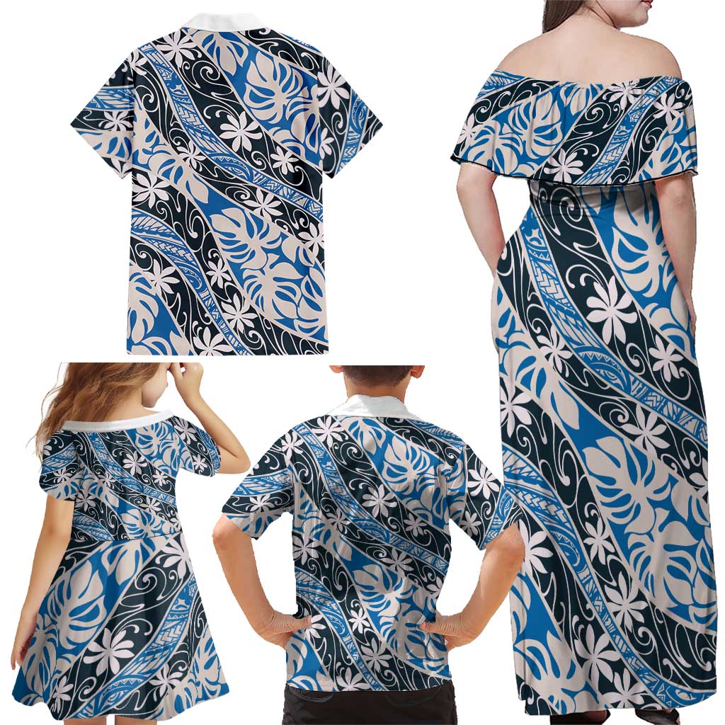 Ninamu Tahiti Tiare Monstera Family Matching Off Shoulder Maxi Dress and Hawaiian Shirt Polynesian Pattern Curve Style LT01 - Polynesian Pride