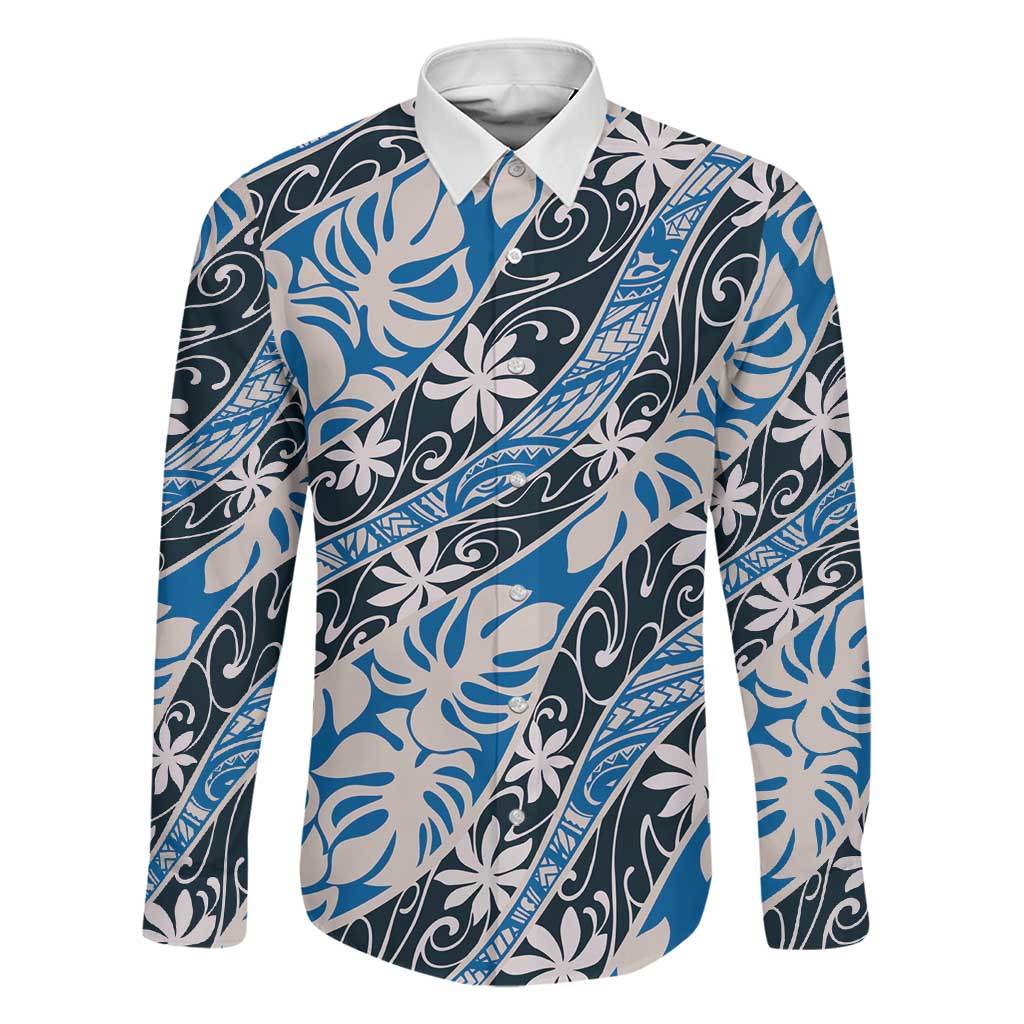 Ninamu Tahiti Tiare Monstera Family Matching Off Shoulder Maxi Dress and Hawaiian Shirt Polynesian Pattern Curve Style LT01 Dad's Shirt - Long Sleeve Blue - Polynesian Pride