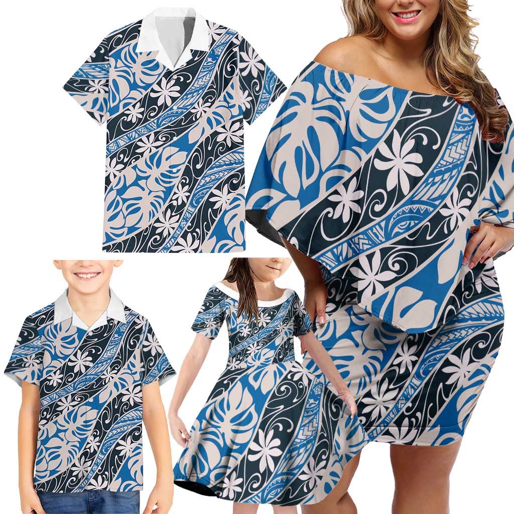 Ninamu Tahiti Tiare Monstera Family Matching Off Shoulder Short Dress and Hawaiian Shirt Polynesian Pattern Curve Style LT01 - Polynesian Pride