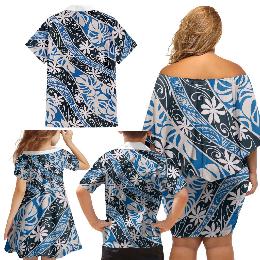 Ninamu Tahiti Tiare Monstera Family Matching Off Shoulder Short Dress and Hawaiian Shirt Polynesian Pattern Curve Style LT01 - Polynesian Pride