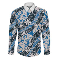 Ninamu Tahiti Tiare Monstera Family Matching Puletasi and Hawaiian Shirt Polynesian Pattern Curve Style LT01 Dad's Shirt - Long Sleeve Blue - Polynesian Pride