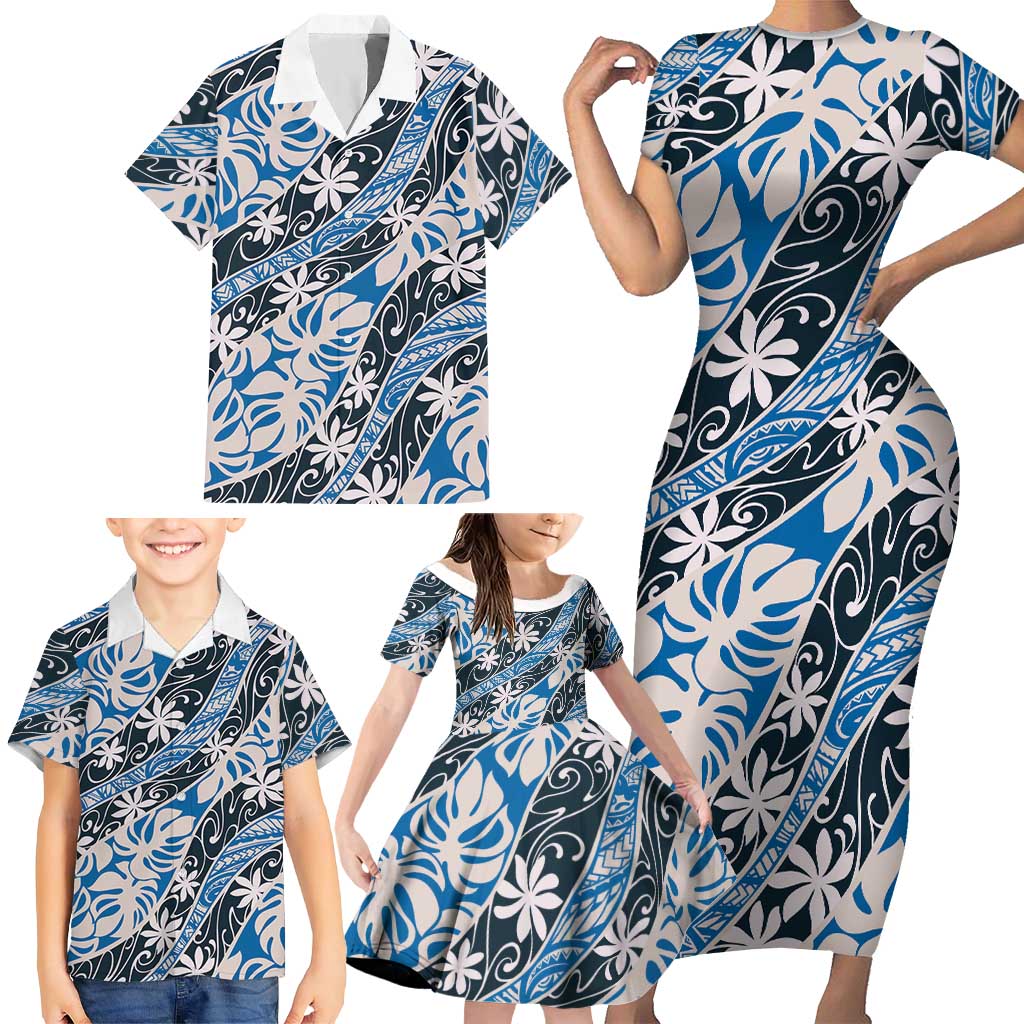 Ninamu Tahiti Tiare Monstera Family Matching Short Sleeve Bodycon Dress and Hawaiian Shirt Polynesian Pattern Curve Style LT01 - Polynesian Pride