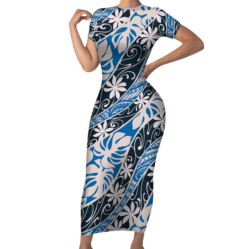 Ninamu Tahiti Tiare Monstera Family Matching Short Sleeve Bodycon Dress and Hawaiian Shirt Polynesian Pattern Curve Style LT01 Mom's Dress Blue - Polynesian Pride