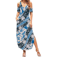 Ninamu Tahiti Tiare Monstera Family Matching Summer Maxi Dress and Hawaiian Shirt Polynesian Pattern Curve Style LT01 Mom's Dress Blue - Polynesian Pride