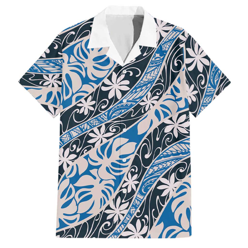 Ninamu Tahiti Tiare Monstera Family Matching Tank Maxi Dress and Hawaiian Shirt Polynesian Pattern Curve Style LT01 Dad's Shirt - Short Sleeve Blue - Polynesian Pride