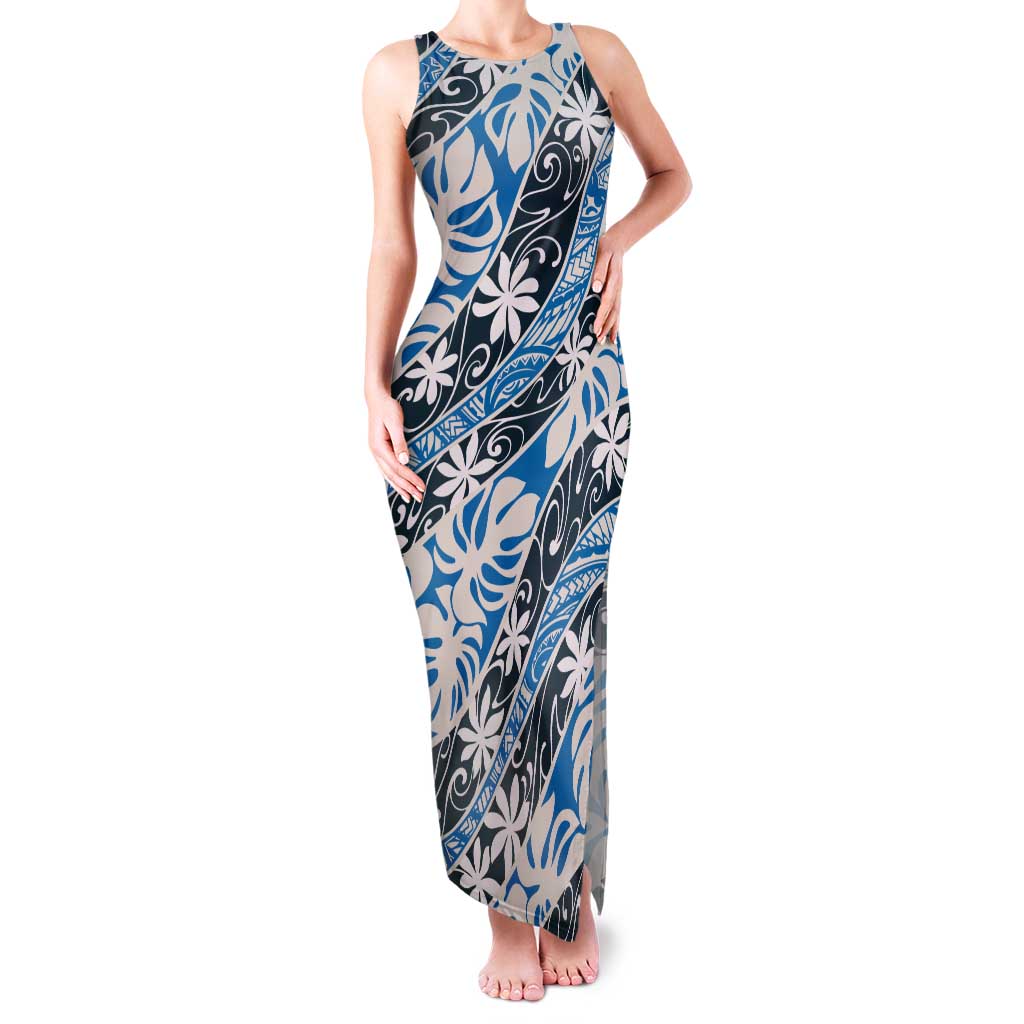 Ninamu Tahiti Tiare Monstera Family Matching Tank Maxi Dress and Hawaiian Shirt Polynesian Pattern Curve Style LT01 Mom's Dress Blue - Polynesian Pride