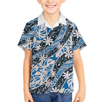 Ninamu Tahiti Tiare Monstera Family Matching Tank Maxi Dress and Hawaiian Shirt Polynesian Pattern Curve Style LT01 Son's Shirt Blue - Polynesian Pride