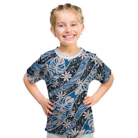 Ninamu Tahiti Tiare Monstera Kid T Shirt Polynesian Pattern Curve Style LT01 Blue - Polynesian Pride