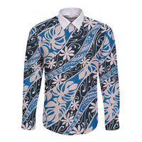 Ninamu Tahiti Tiare Monstera Long Sleeve Button Shirt Polynesian Pattern Curve Style LT01 Unisex Blue - Polynesian Pride