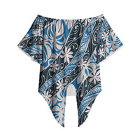 Ninamu Tahiti Tiare Monstera Off Shoulder Wrap Waist Top Polynesian Pattern Curve Style LT01 Blue - Polynesian Pride