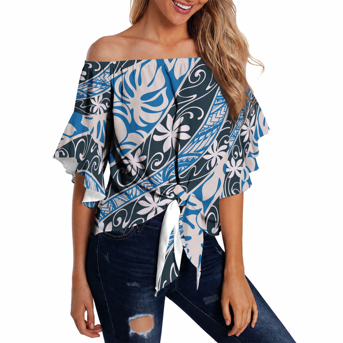 Ninamu Tahiti Tiare Monstera Off Shoulder Wrap Waist Top Polynesian Pattern Curve Style LT01 - Polynesian Pride