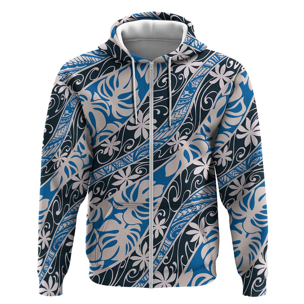 Ninamu Tahiti Tiare Monstera Zip Hoodie Polynesian Pattern Curve Style LT01 Zip Hoodie Blue - Polynesian Pride