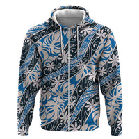 Ninamu Tahiti Tiare Monstera Zip Hoodie Polynesian Pattern Curve Style LT01 Zip Hoodie Blue - Polynesian Pride