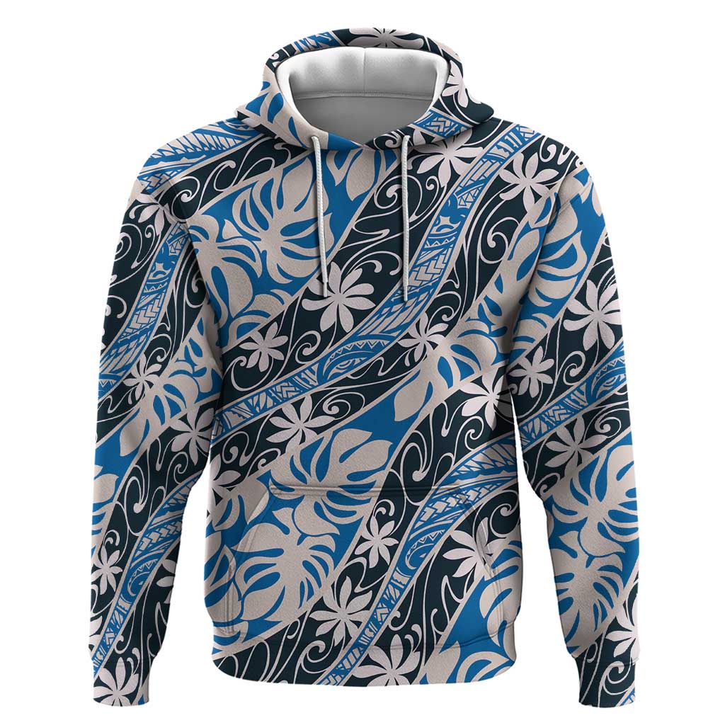 Ninamu Tahiti Tiare Monstera Zip Hoodie Polynesian Pattern Curve Style LT01 Pullover Hoodie Blue - Polynesian Pride