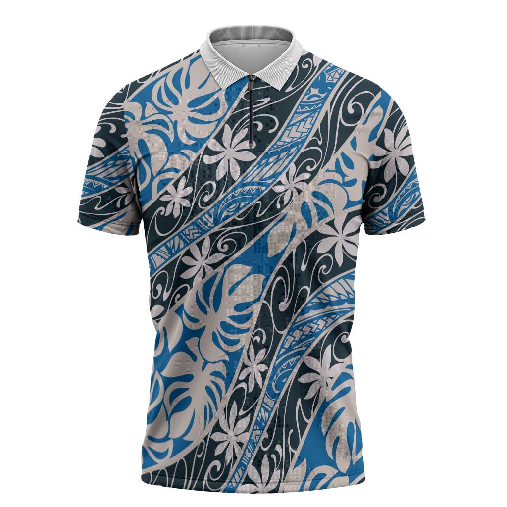 Ninamu Tahiti Tiare Monstera Zipper Polo Shirt Polynesian Pattern Curve Style - Polynesian Pride