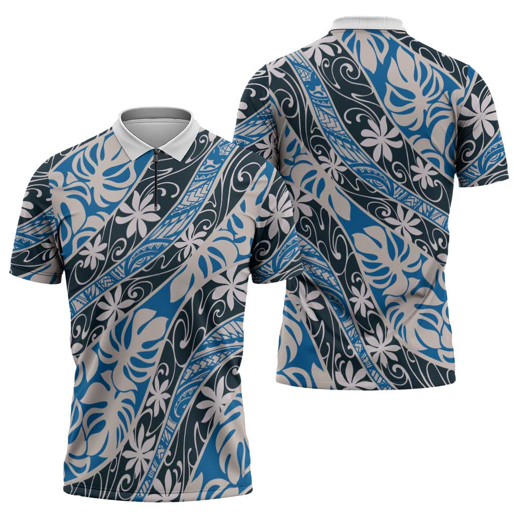 Ninamu Tahiti Tiare Monstera Zipper Polo Shirt Polynesian Pattern Curve Style - Polynesian Pride