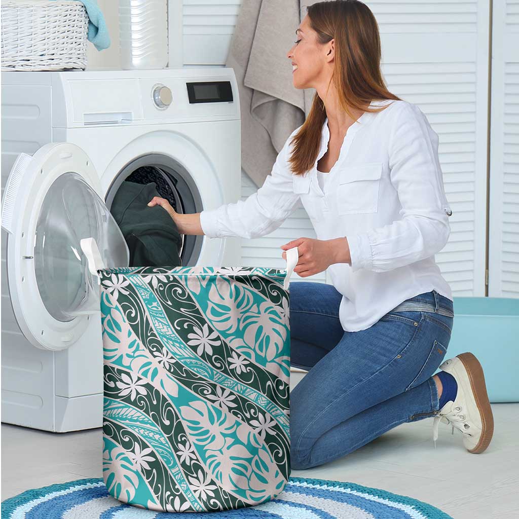 Cyan Tahiti Tiare Monstera Laundry Basket Polynesian Pattern Curve Style - Polynesian Pride