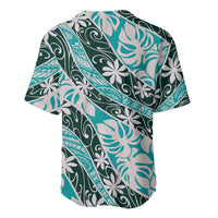 Cyan Tahiti Tiare Monstera Baseball Jersey Polynesian Pattern Curve Style - Polynesian Pride