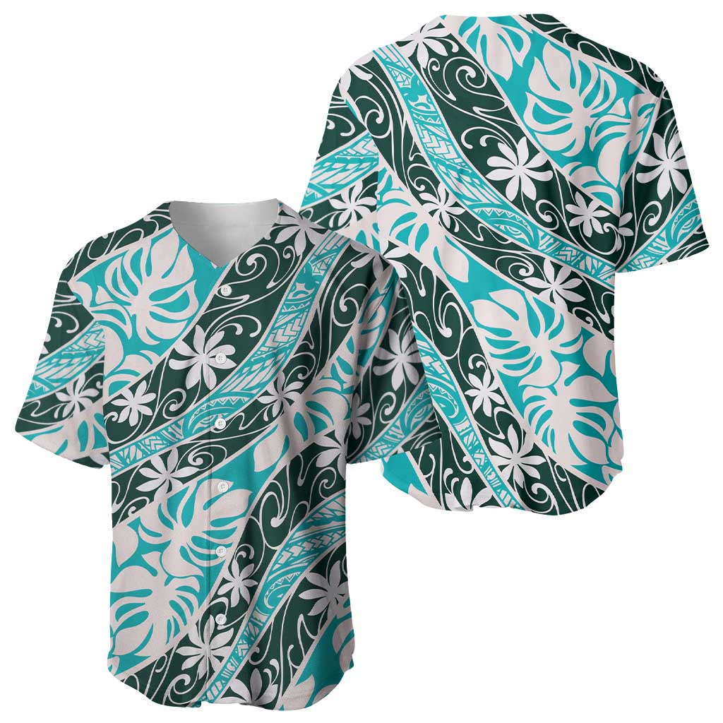 Cyan Tahiti Tiare Monstera Baseball Jersey Polynesian Pattern Curve Style - Polynesian Pride