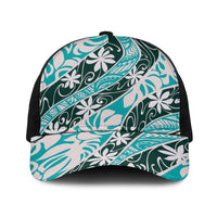 Cyan Tahiti Tiare Monstera Baseball Net Cap Polynesian Pattern Curve Style - Polynesian Pride