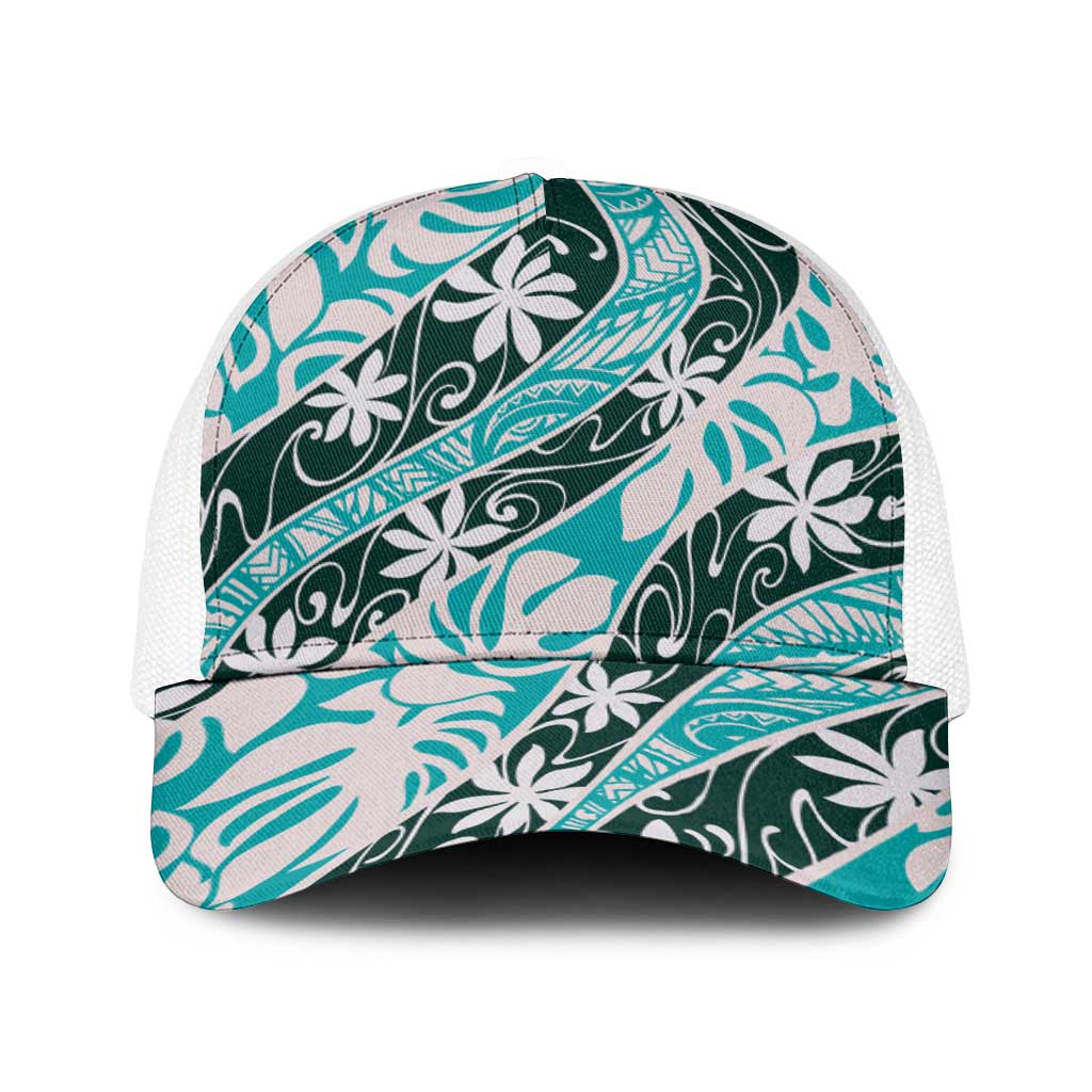 Cyan Tahiti Tiare Monstera Baseball Net Cap Polynesian Pattern Curve Style - Polynesian Pride